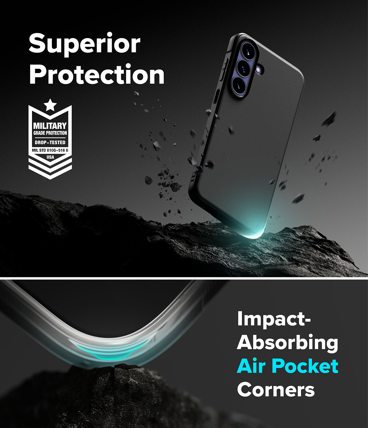 Galaxy S26 FE Case | Onyx - A dark gray smartphone case shown floating above rocky terrain in a dramatic studio-style graphic. Text reads 'Superior Protection' and 'Impact-Absorbing Air Pocket Corners,' with a military drop-test badge on the left.