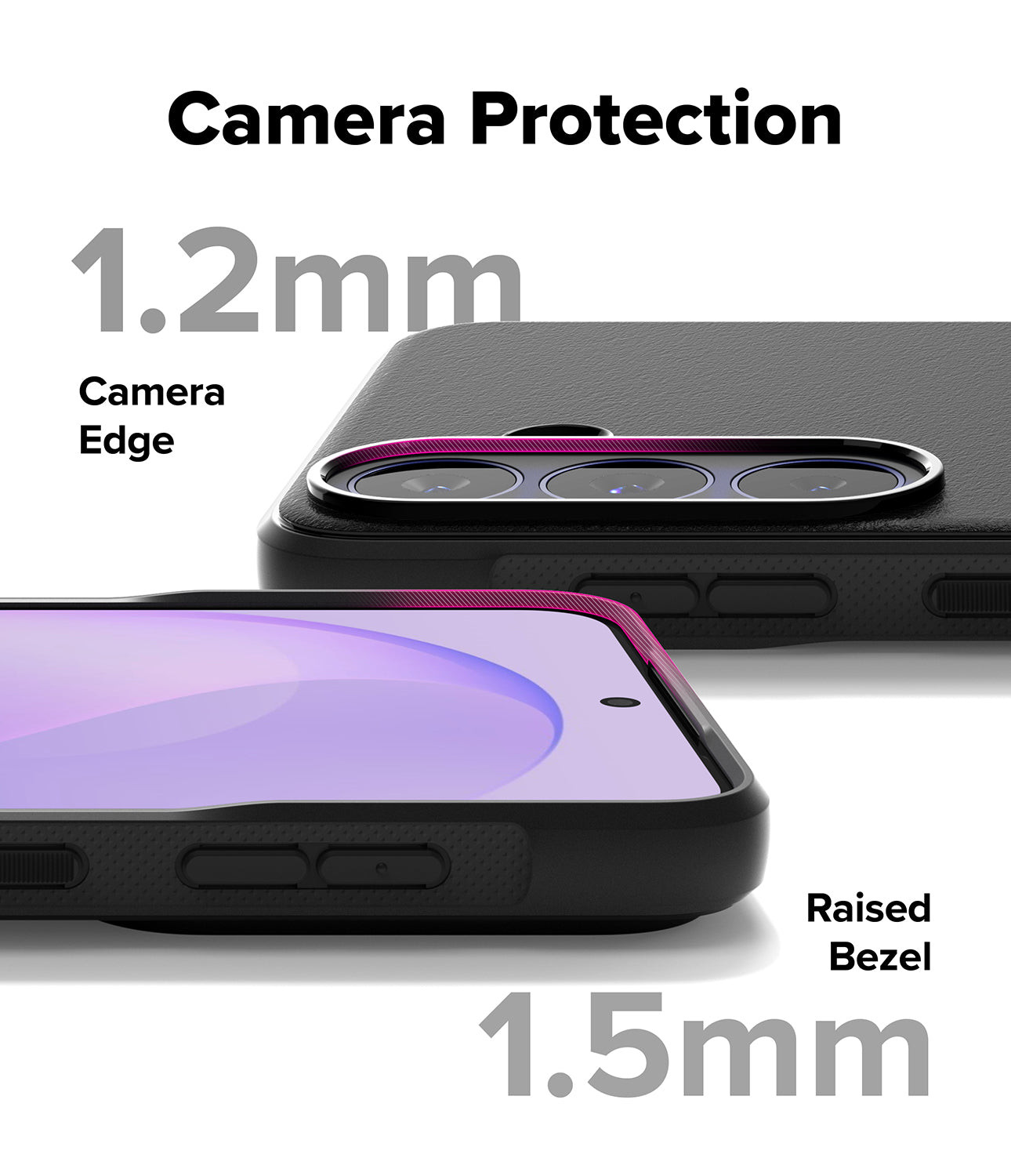 Galaxy S26 FE Case | Onyx - Black phone camera protection case shown from the back and side, with text overlays indicating 1.2mm camera edge protection and 1.
