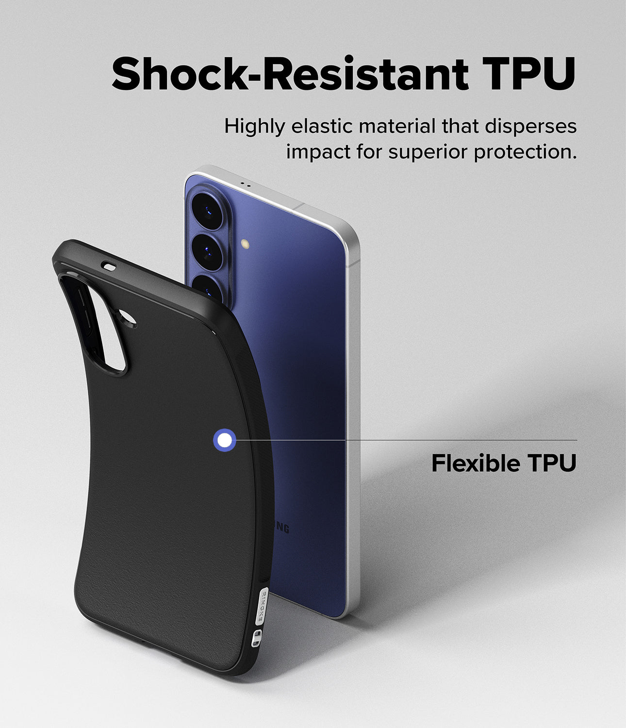 Galaxy S26 FE Case | Onyx - A black protective phone case shown from the back beside a blue smartphone on a light gray background, with marketing text reading 'Shock-Resistant TPU' and 'Flexible TPU.'.