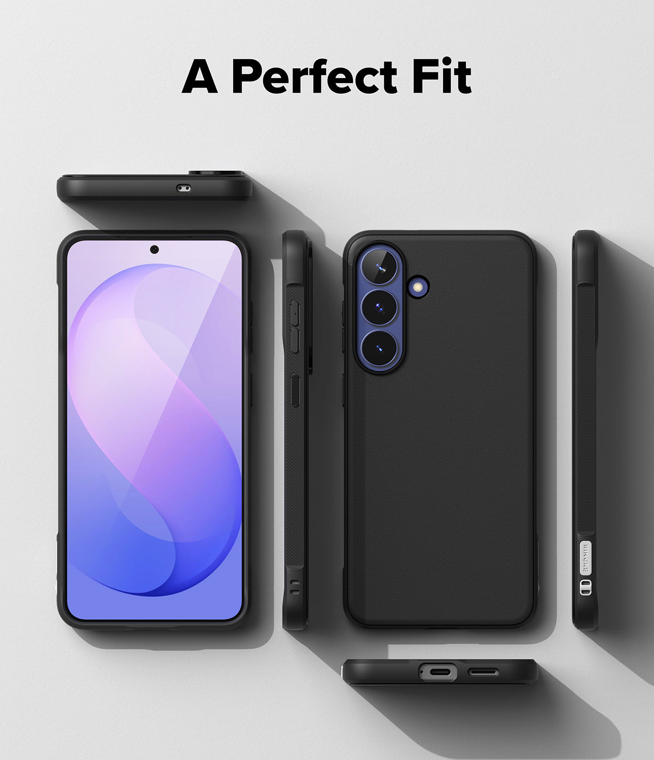 Galaxy S26 FE Case | Onyx - A black smartphone case shown from multiple angles on a light gray background, with the text 'A Perfect Fit' at the top. The phone inside the case is used as a demo prop and does not count toward the product color.