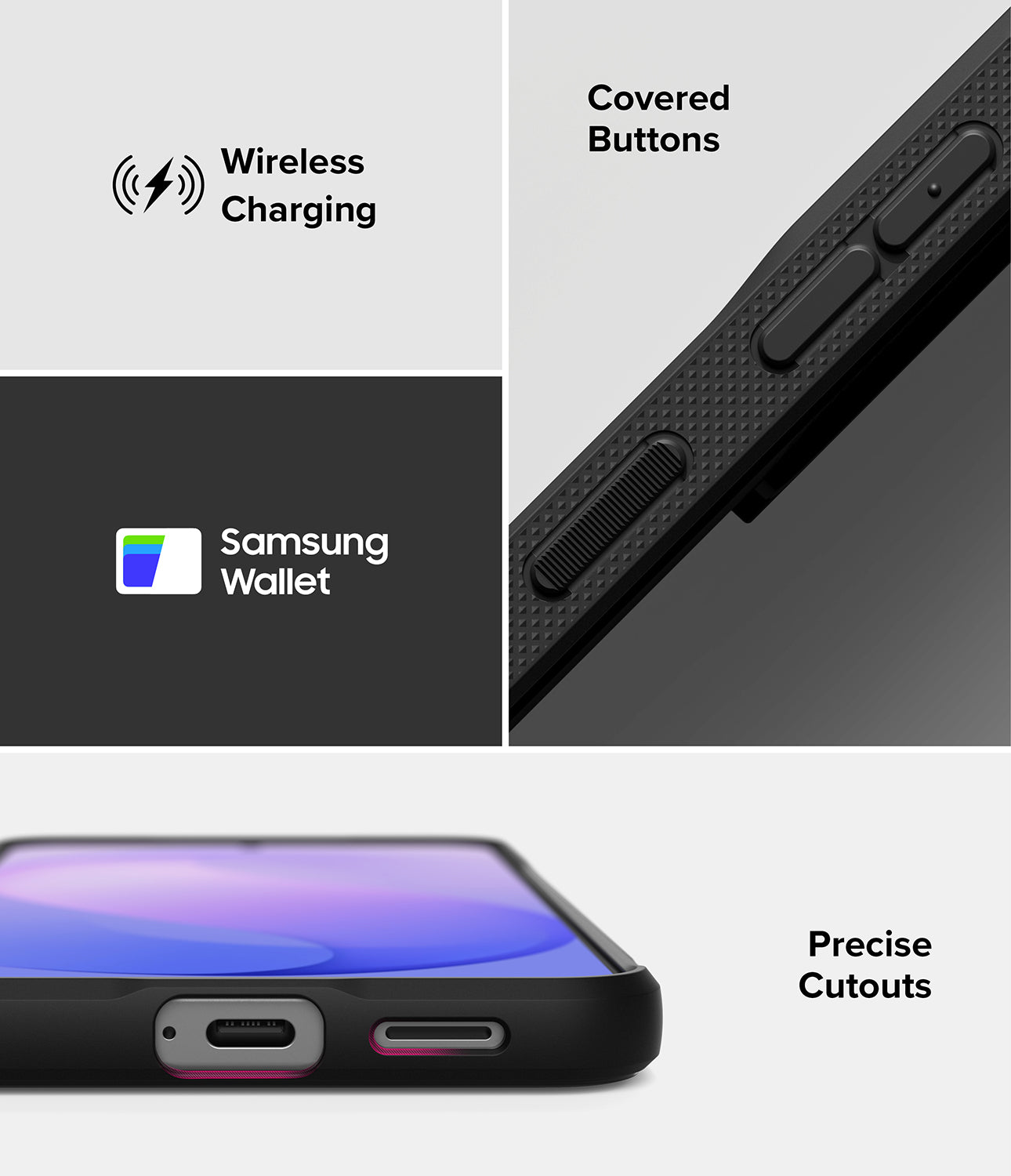 Galaxy S26 FE Case | Onyx - A black protective phone case shown in a four-panel feature graphic. The panels highlight wireless charging, covered buttons, Samsung Wallet compatibility, and precise cutouts.