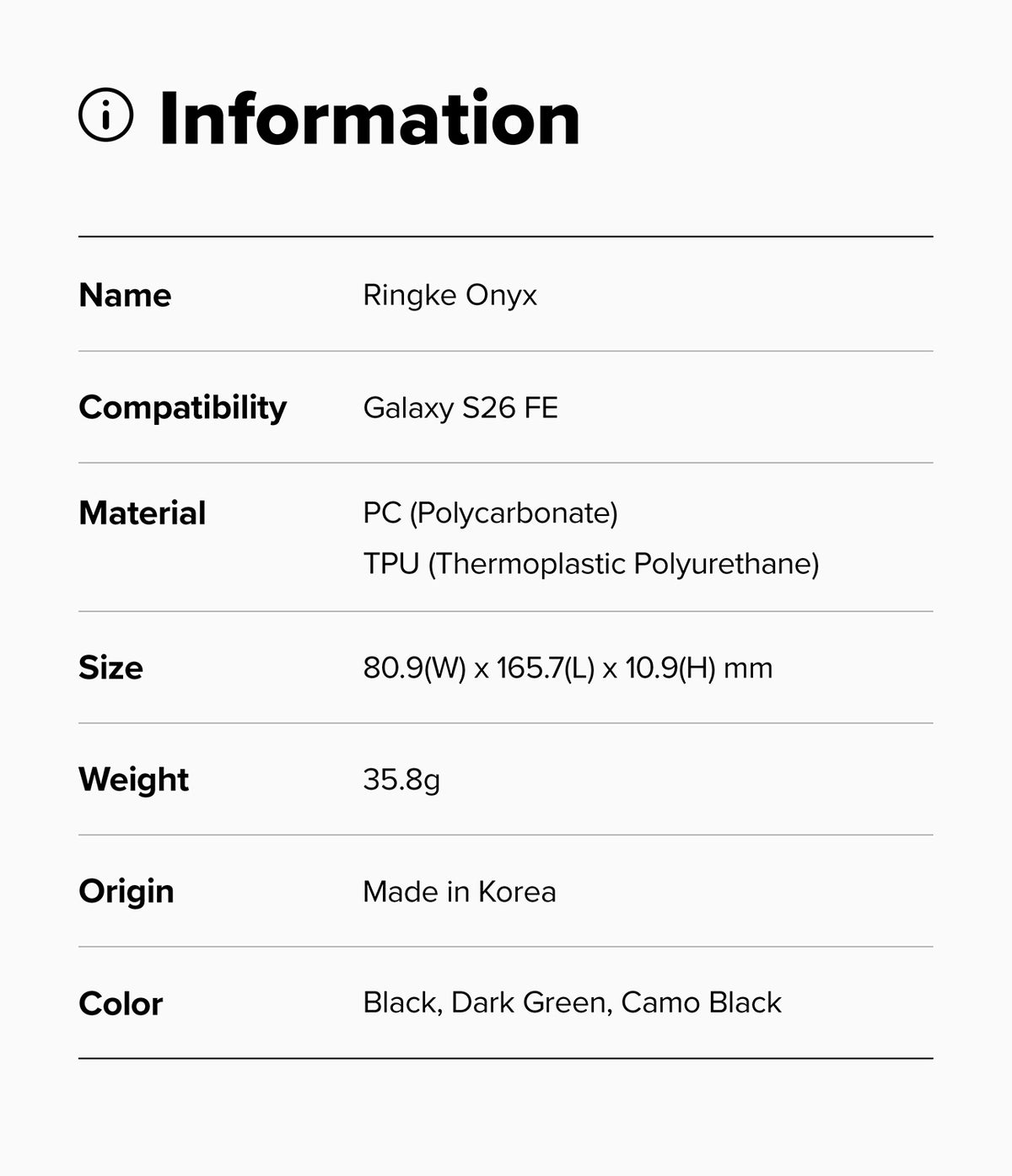 Galaxy S26 FE Case | Onyx - A product information card with a light gray background and black text listing the Ringke Onyx case details: compatibility with Galaxy S26 FE, PC and TPU material, dimensions 80.9(W) x 165.