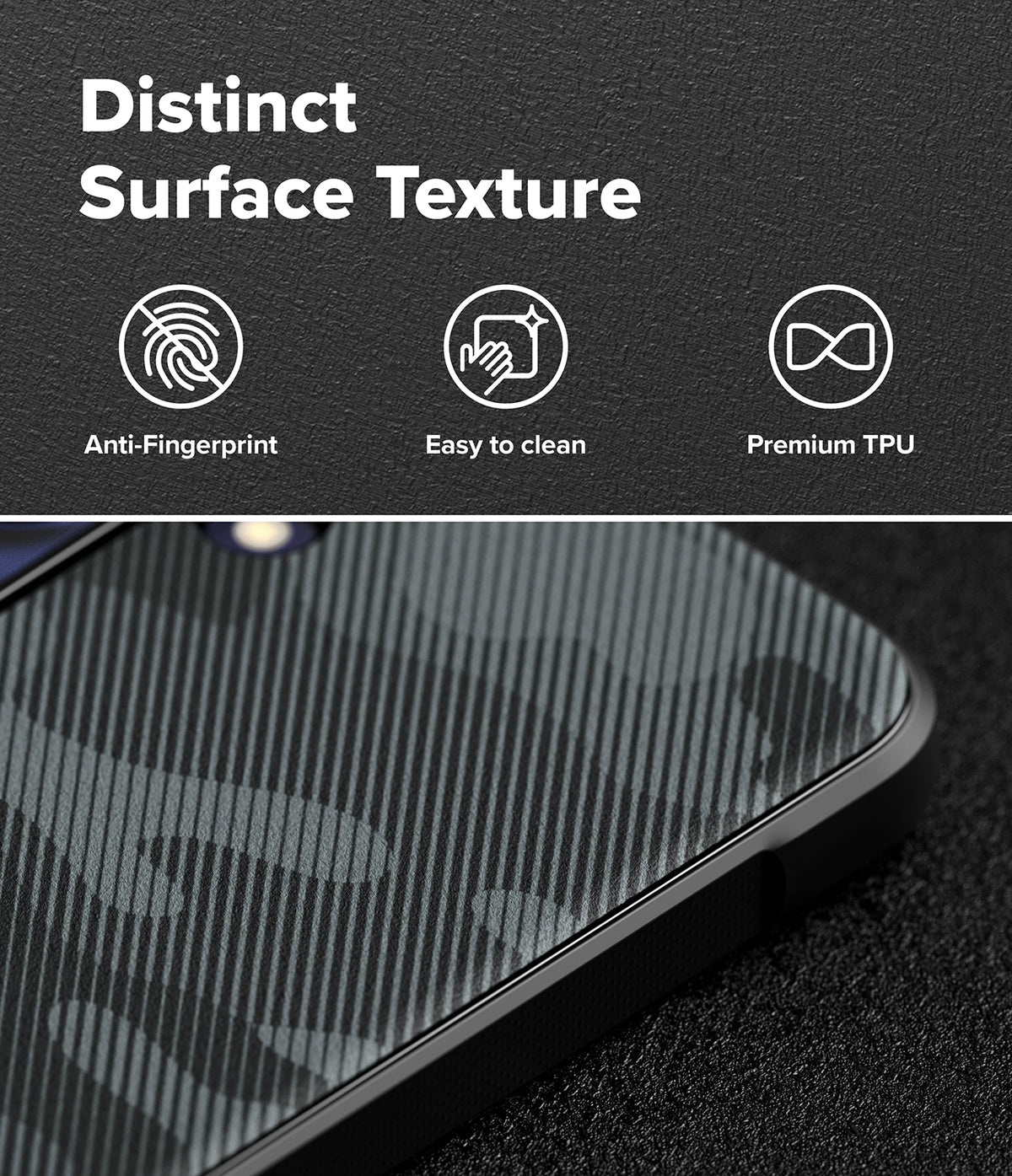 Galaxy S26 FE Case | Onyx - Close-up of a black phone case with a subtle tonal camouflage pattern and raised bezel, shown on a dark textured background with marketing text reading 'Distinct Surface Texture,' 'Anti-Fingerprint,' 'Easy to clean,' and 'Premium TPU.'.