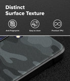 Galaxy S26 FE Case | Onyx - Close-up of a black phone case with a subtle tonal camouflage pattern and raised bezel, shown on a dark textured background with marketing text reading 'Distinct Surface Texture,' 'Anti-Fingerprint,' 'Easy to clean,' and 'Premium TPU.'.