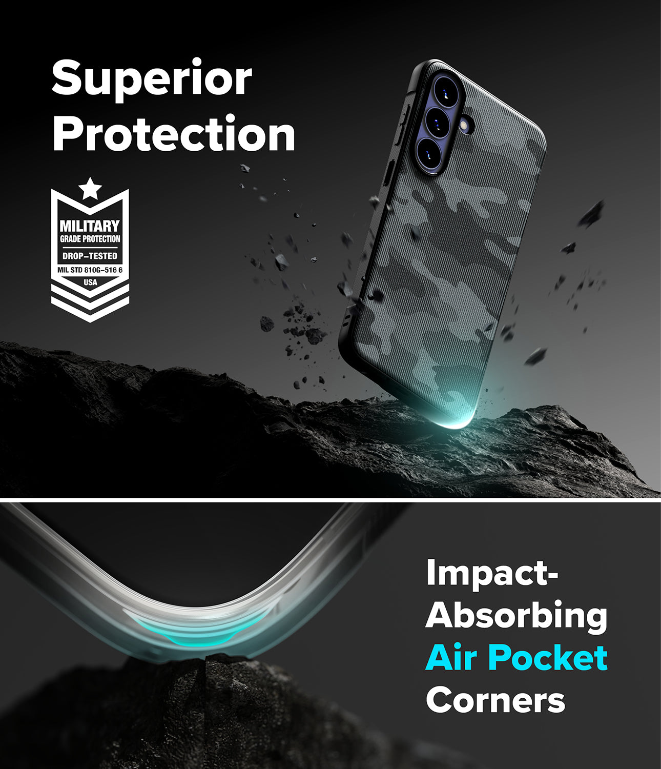 Galaxy S26 FE Case | Onyx - A smartphone case with a dark gray and black camouflage pattern is shown floating above dark rocks in a dramatic promotional graphic. Text reads 'Superior Protection' with a military drop-tested badge, and the lower section highlights 'Impact-Absorbing Air Pocket Corners' with a curved transparent edge glowing cyan.
