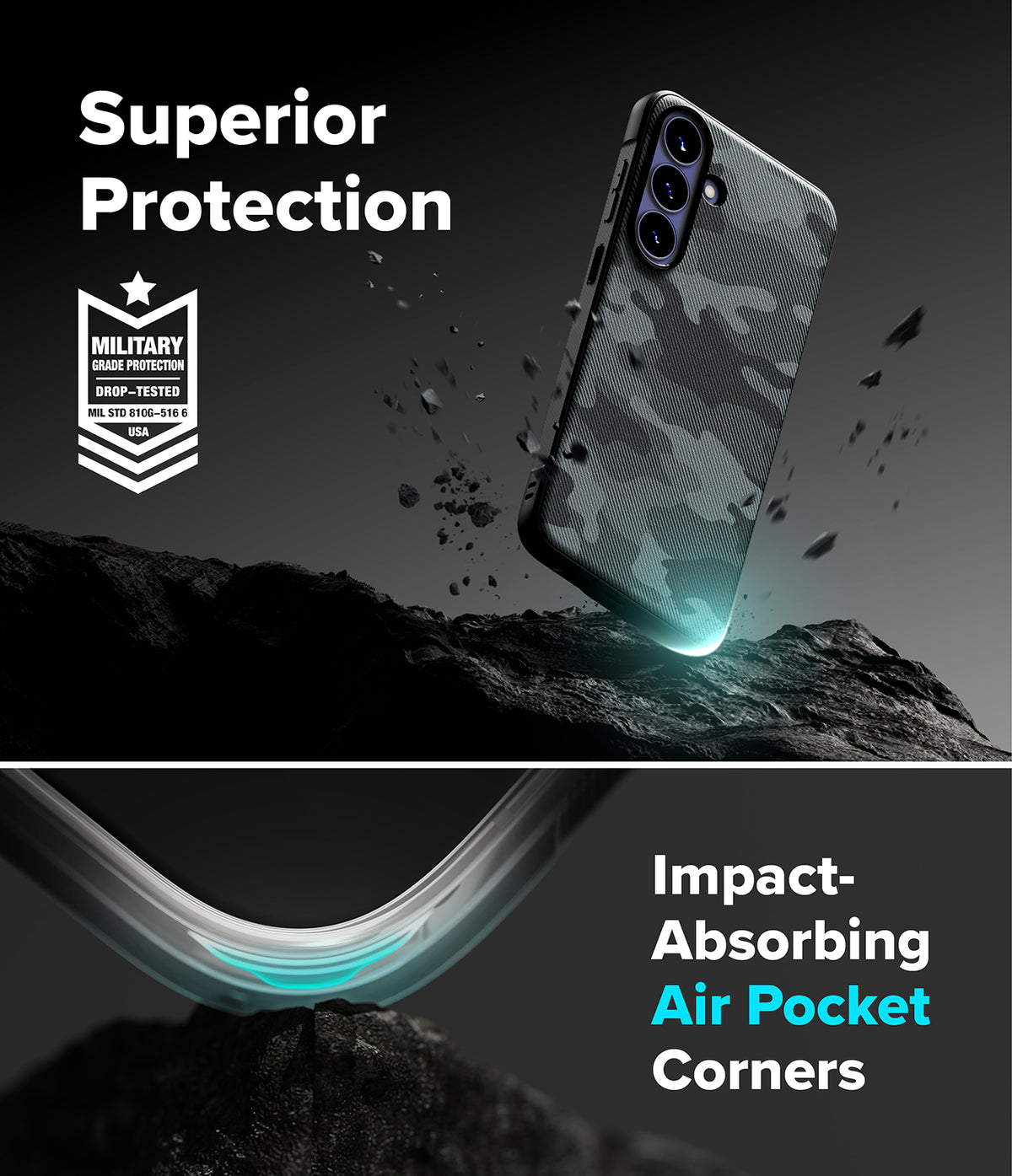 Bundle 15% Galaxy S26 FE Case + Screen / Camera Protectors | Onyx all-groups - A smartphone case with a dark gray and black camouflage pattern is shown floating above dark rocks in a dramatic promotional graphic. Text reads 'Superior Protection' with a military drop-tested badge, and the lower section highlights 'Impact-Absorbing Air Pocket Corners' with a curved transparent edge glowing cyan.