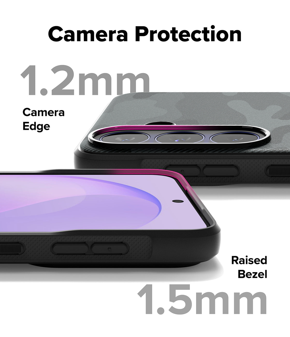 Galaxy S26 FE Case | Onyx - A promotional graphic for a phone camera protection case showing two views of a black protective bumper with a magenta accent ring. Large text reads 'Camera Protection', '1.