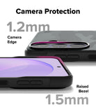 Galaxy S26 FE Case | Onyx - A promotional graphic for a phone camera protection case showing two views of a black protective bumper with a magenta accent ring. Large text reads 'Camera Protection', '1.