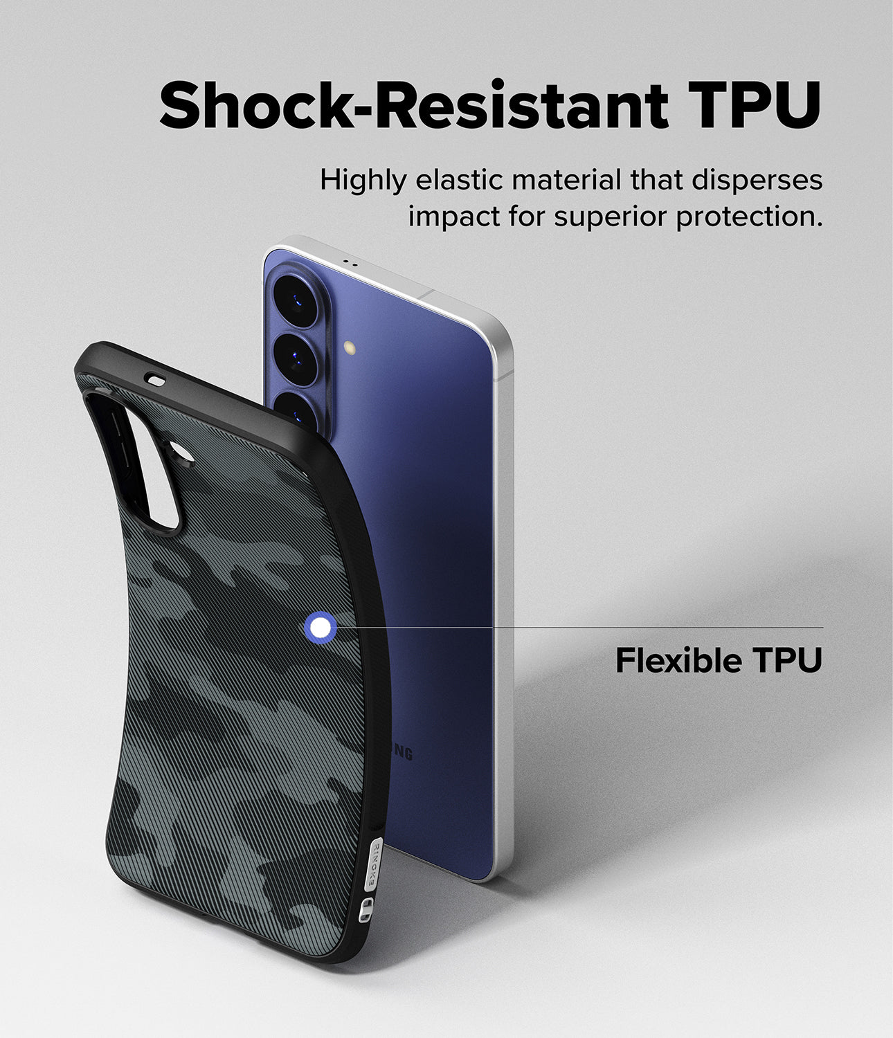 Galaxy S26 FE Case | Onyx - A black protective phone case shown from the back beside a blue smartphone on a light gray background, with marketing text reading 'Shock-Resistant TPU' and 'Flexible TPU.'.