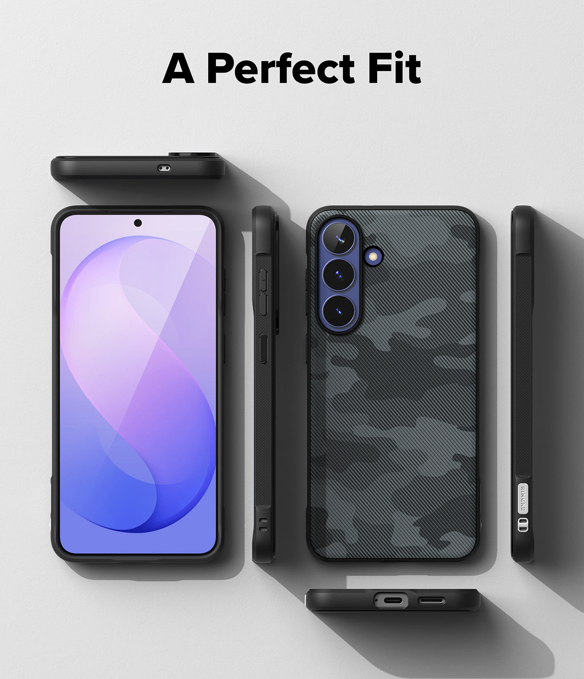 Galaxy S26 FE Case | Onyx - A phone case shown from multiple angles with the text 'A Perfect Fit' at the top. The case has a dark gray and black camouflage pattern on the back and is displayed on a smartphone, alongside side and bottom views, on a light gray background.