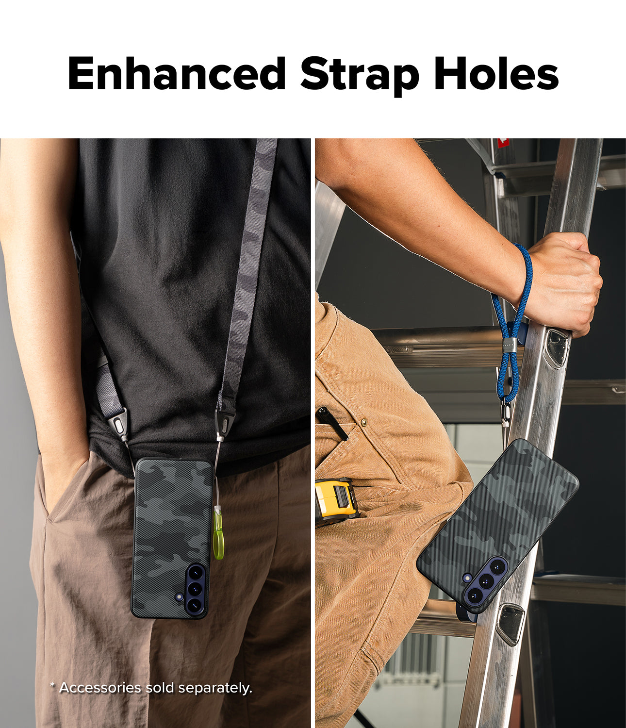Galaxy S26 FE Case | Onyx - A promotional split-panel image showing a phone case with a dark camouflage pattern and an enhanced strap loop. The left panel shows the case hanging from a shoulder strap worn by a person, while the right panel shows the case hanging from a blue loop attached to a ladder rail held by a person's hand.