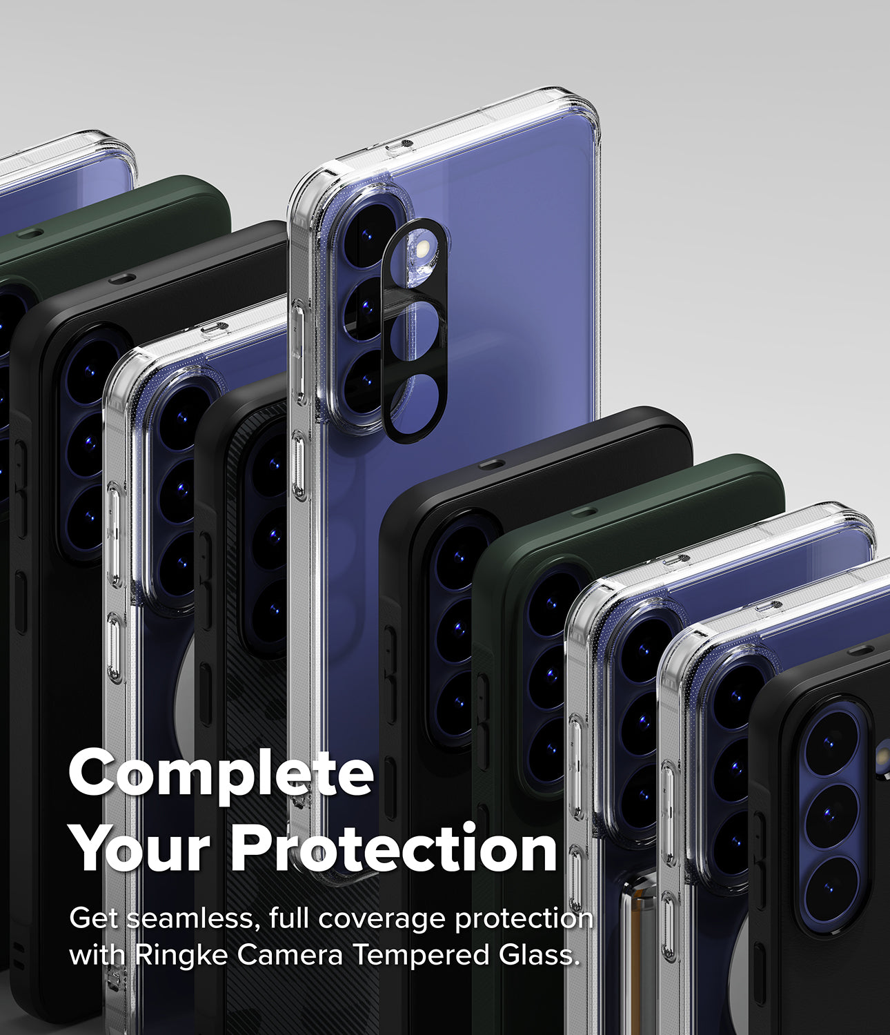 Galaxy S26 FE Case | Onyx - A promotional product image showing multiple smartphone cases in different colors and finishes, including clear, black, dark green, and blue, arranged in a fan-like composition. The text overlay reads 'Complete Your Protection' and 'Get seamless, full coverage protection with Ringke Camera Tempered Glass.