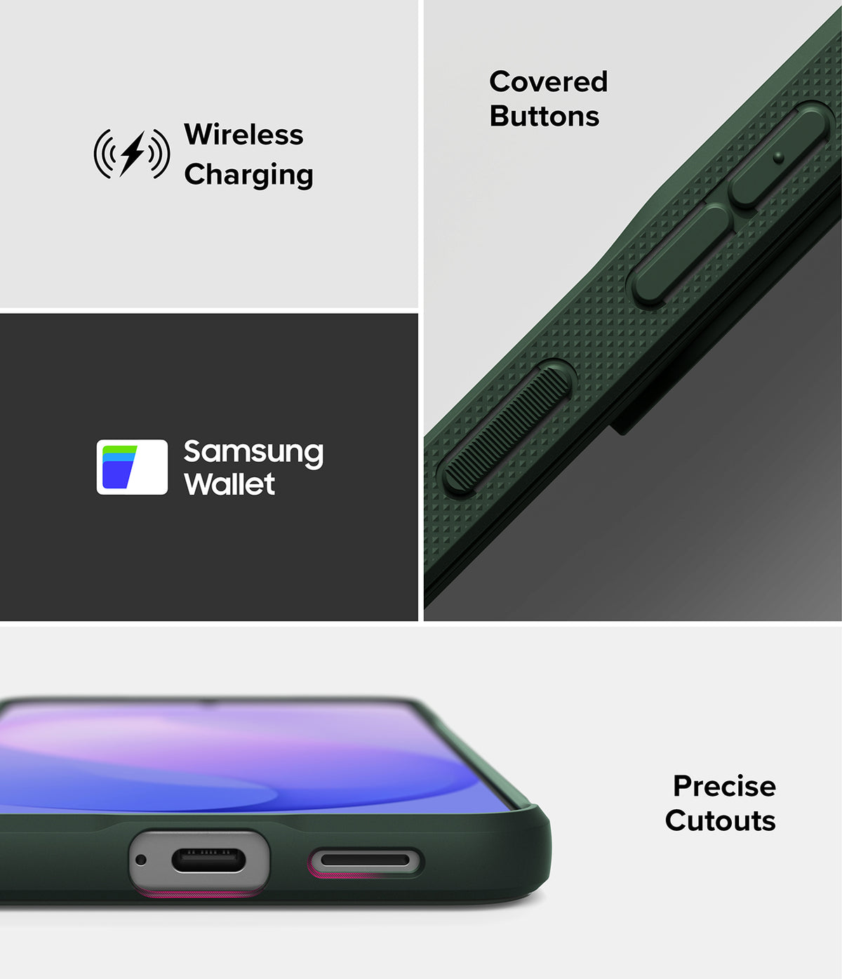 Galaxy S26 FE Case | Onyx - A dark green protective phone case shown in a multi-panel feature graphic. The graphic includes a close-up of the side showing covered buttons, a Samsung Wallet compatibility badge, and a bottom view showing precise cutouts for a USB-C and Lightning port.