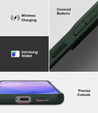 Galaxy S26 FE Case | Onyx - A dark green protective phone case shown in a multi-panel feature graphic. The graphic includes a close-up of the side showing covered buttons, a Samsung Wallet compatibility badge, and a bottom view showing precise cutouts for a USB-C and Lightning port.