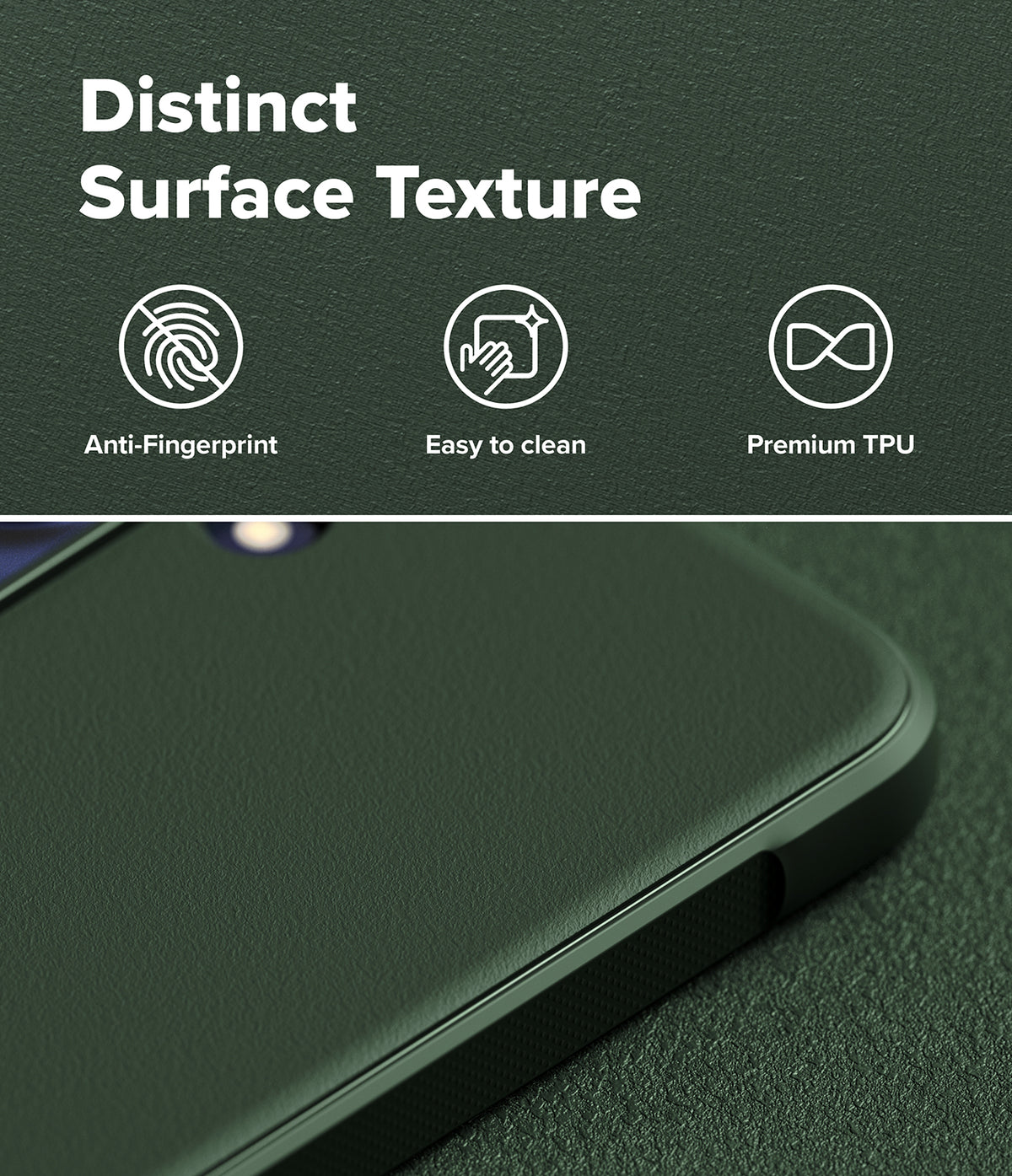 Galaxy S26 FE Case | Onyx - Dark green textured phone case with a close-up of its corner and a top banner showing white text that reads 'Distinct Surface Texture' with icons for 'Anti-Fingerprint', 'Easy to clean', and 'Premium TPU'.