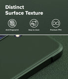 Galaxy S26 FE Case | Onyx - Dark green textured phone case with a close-up of its corner and a top banner showing white text that reads 'Distinct Surface Texture' with icons for 'Anti-Fingerprint', 'Easy to clean', and 'Premium TPU'.