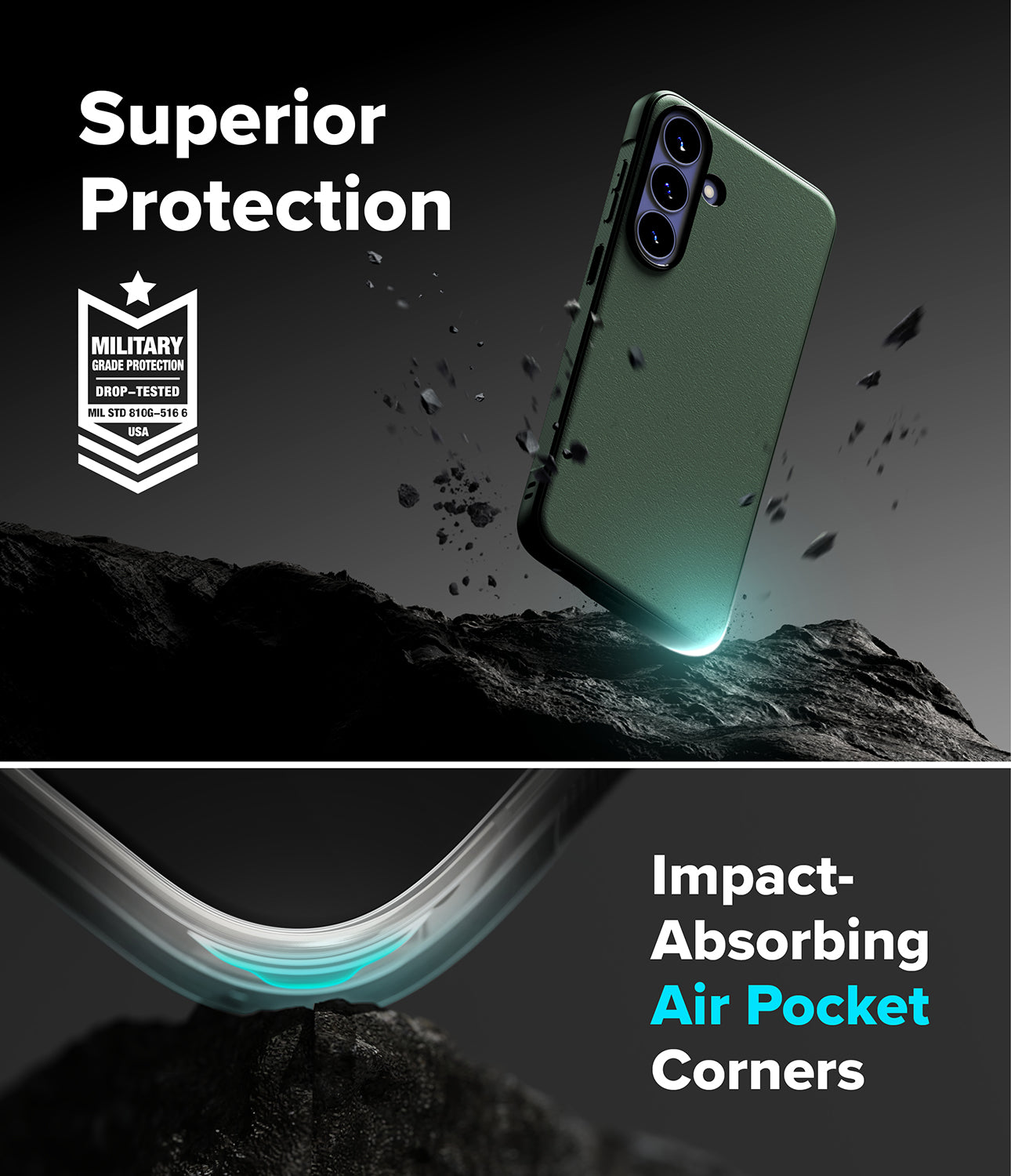 Galaxy S26 FE Case | Onyx - A dark green smartphone case shown floating above a rocky surface in a dramatic studio-style graphic. Text reads 'Superior Protection' with a military drop-tested badge, and the lower panel highlights 'Impact-Absorbing Air Pocket Corners.