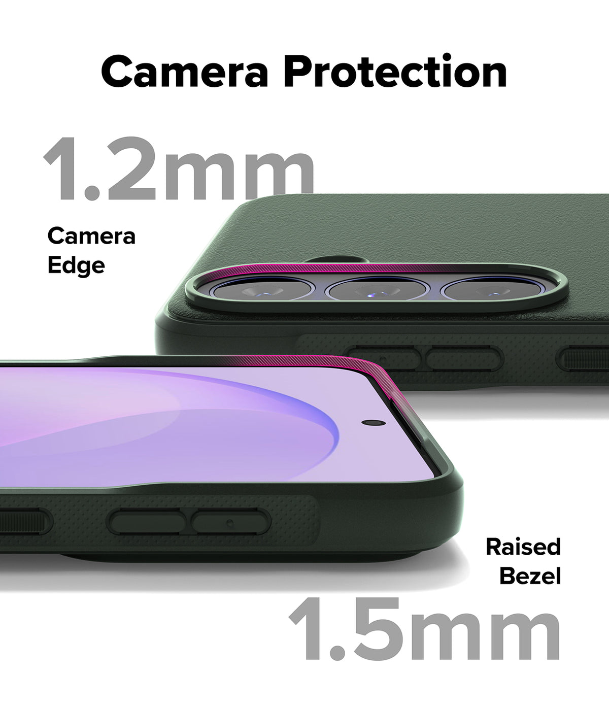Galaxy S26 FE Case | Onyx - A phone camera protection case shown on a smartphone, with text labels indicating 1.2mm camera edge and 1.