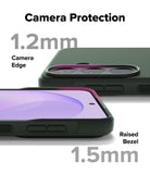 Galaxy S26 FE Case | Onyx - A phone camera protection case shown on a smartphone, with text labels indicating 1.2mm camera edge and 1.