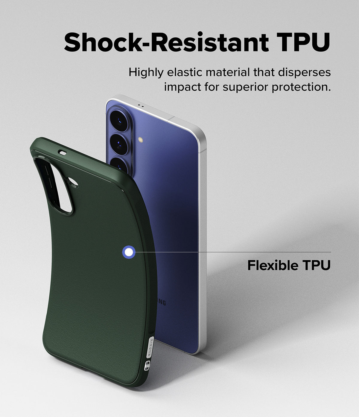 Galaxy S26 FE Case | Onyx - A dark green TPU phone case shown in front of a blue smartphone on a light gray background, with marketing text reading 'Shock-Resistant TPU' and 'Flexible TPU.'.