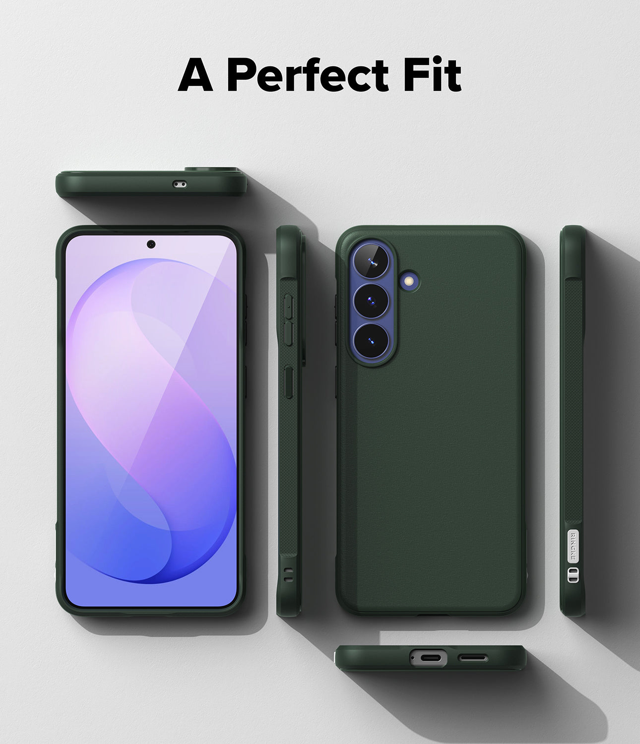 Galaxy S26 FE Case | Onyx - A dark green phone case shown from multiple angles on a light gray background, with the text 'A Perfect Fit' at the top. The case is displayed on a smartphone, with front, side, and back views.