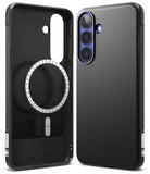 Galaxy S26 FE Case | Onyx Magnetic - Two views of a black protective phone case with a textured leather-like back and a circular MagSafe ring, shown on a white background.