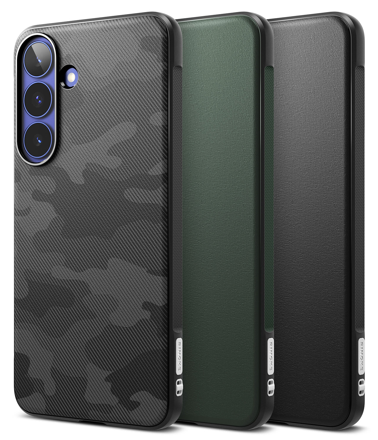Galaxy S26 FE Case | Onyx - Three smartphone cases shown upright on a clean white background: a black carbon-fiber-style pattern case in front, a dark green textured case in the middle, and a black leather-look case on the back. Small side labels are visible near the bottom.