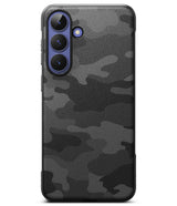 Galaxy S26 FE Case | Onyx - A phone case featuring a dark gray and black carbon fiber texture camouflage pattern, shown on a clean white background.