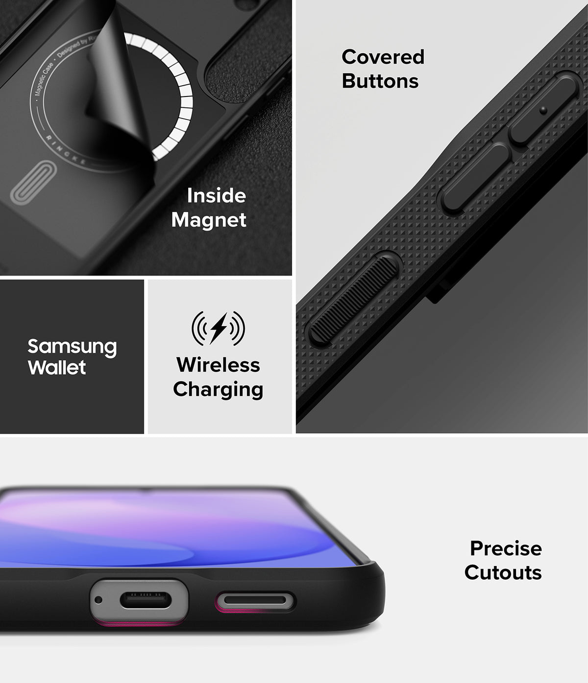 Galaxy S26 FE Case | Onyx Magnetic - A multi-panel product feature graphic for a black protective phone case. The panels show close-ups of the case's interior magnetic ring, covered buttons, precise cutouts for a Samsung Wallet and wireless charging, and the overall black color of the case.