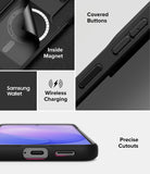 Galaxy S26 FE Case | Onyx Magnetic - A multi-panel product feature graphic for a black protective phone case. The panels show close-ups of the case's interior magnetic ring, covered buttons, precise cutouts for a Samsung Wallet and wireless charging, and the overall black color of the case.