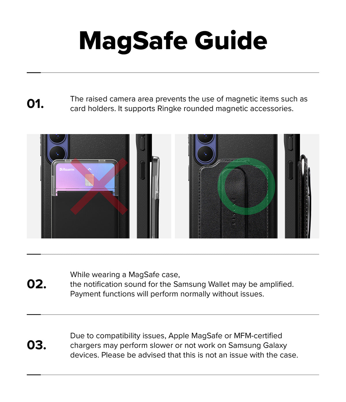 Galaxy S26 FE Case | Onyx Magnetic - A product compatibility and usage guide titled 'MagSafe Guide' on a white background, with three numbered text sections and small inset photos showing a black phone case and magnetic wallet/card holder demonstration.