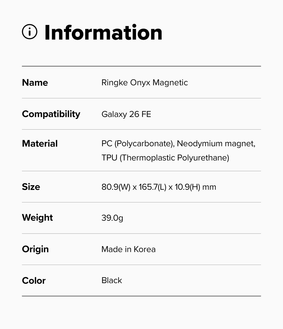 Galaxy S26 FE Case | Onyx Magnetic - Product information card for Ringke FusionX Magnetic case with specifications.