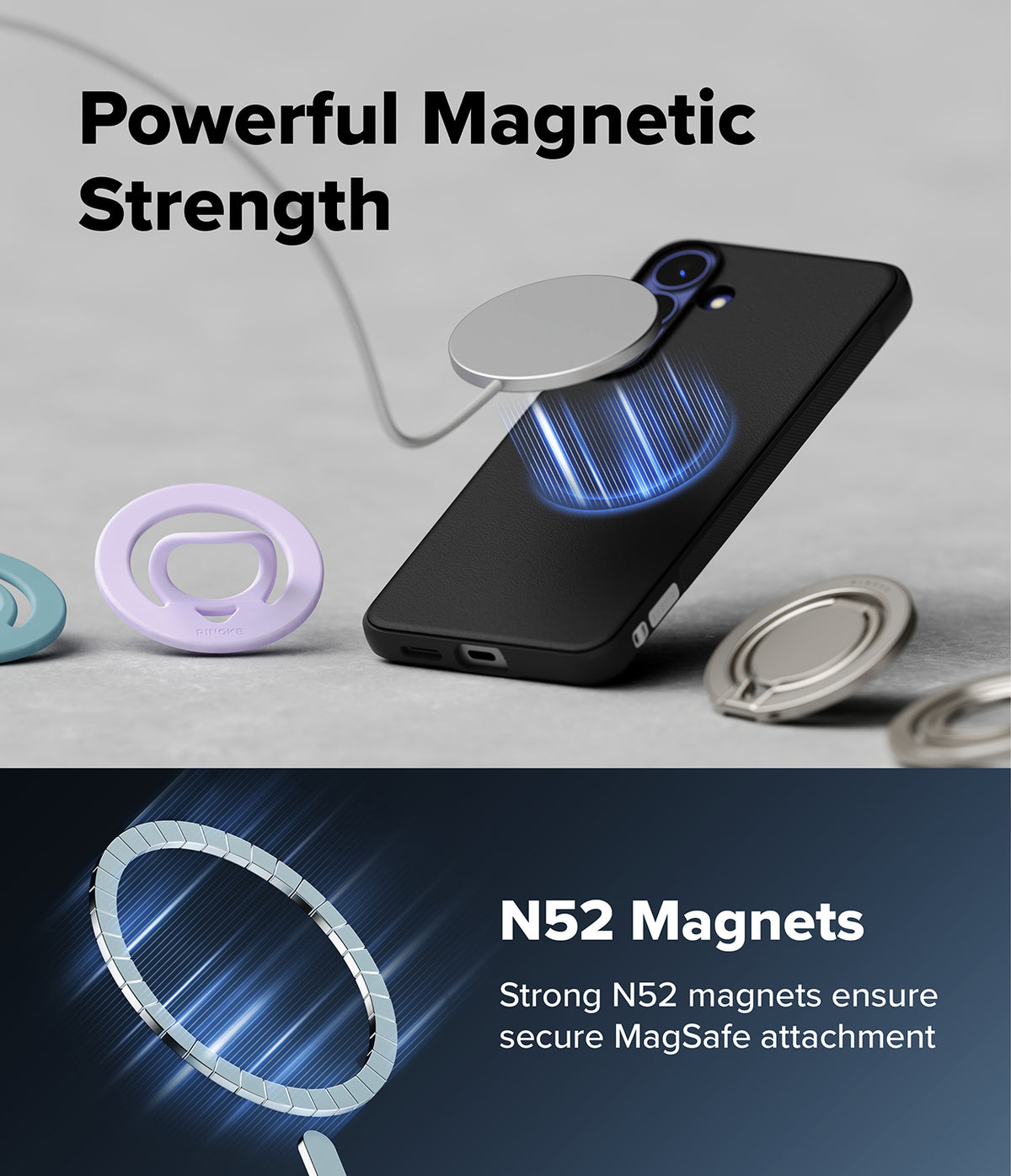 Galaxy S26 FE Case | Onyx Magnetic - A black smartphone case with a built-in circular MagSafe-style magnetic ring, shown floating above a phone. The image includes marketing text reading 'Powerful Magnetic Strength' and 'N52 Magnets' with blue glow effects, plus smaller views of the ring in pastel and metallic finishes on a light gray background.