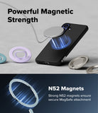 Galaxy S26 FE Case | Onyx Magnetic - A black smartphone case with a built-in circular MagSafe-style magnetic ring, shown floating above a phone. The image includes marketing text reading 'Powerful Magnetic Strength' and 'N52 Magnets' with blue glow effects, plus smaller views of the ring in pastel and metallic finishes on a light gray background.