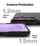 Galaxy S26 FE Case | Onyx Magnetic - Black phone camera protection case shown from the back and side, with text overlays indicating 1.2mm camera edge protection and 1.