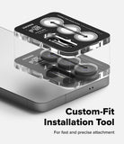 [Bundle] Galaxy S26 Ultra | Alles - Galaxy S26 Ultra - Installation tool hovering over a smartphone camera array to align tempered glass lens protectors.