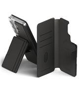 Galaxy S26 Ultra Cover | Folio Stand Wallet Magnetic - Galaxy S26 Ultra Cover - Black leather folio wallet case with magnetic stand, card slots, and phone mounted in clear shell.
