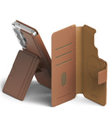 Galaxy S26 Plus Cover | Folio Stand Wallet Magnetic - Galaxy S26 Plus Cover - Brown leather folio wallet case with card slots, magnetic stand, and internal MagSafe ring.