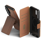 [Combo] Galaxy S26 Ultra | Folio Stand Wallet Magnetic + Onyx Magnetic - Brown leather folio case with card slots and stand.