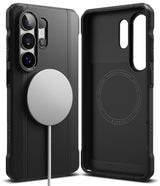 Galaxy S26 Ultra Case | Onyx α Magnetic - Black magnetic phone case shown from front and back with a magnetic charger.