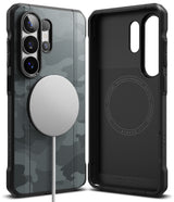 Galaxy S26 Ultra Case | Onyx α Magnetic - Black camo phone case with a magnetic charger attached and interior view.