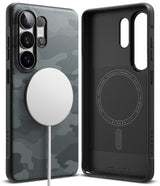 Galaxy S26 Ultra Case | Onyx Magnetic - Camo-patterned phone case with a white magnetic charger and interior view.