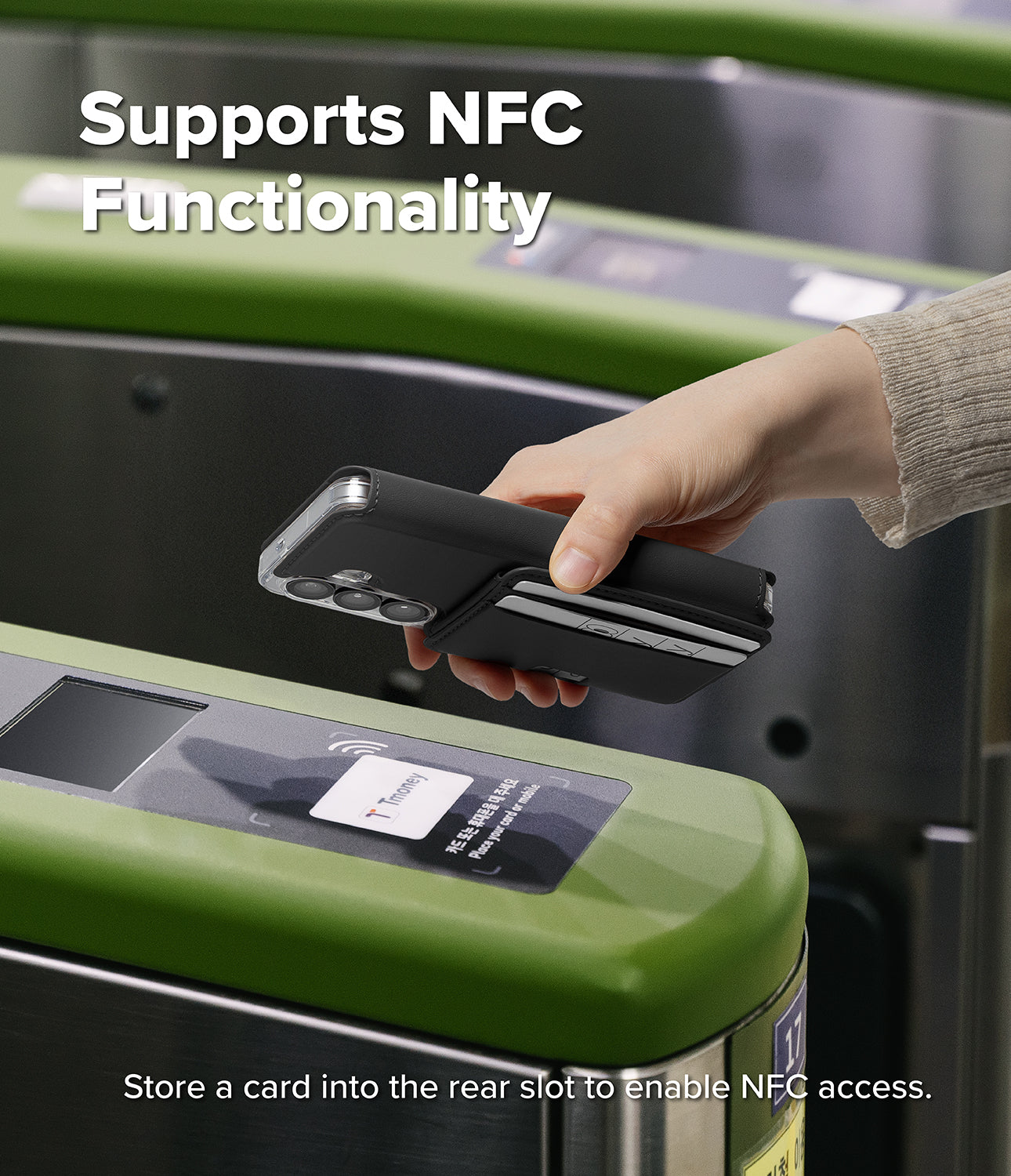 Galaxy S26 Cover | Folio Stand Wallet Magnetic - Hand holding a phone in a wallet case over a transit gate reader.