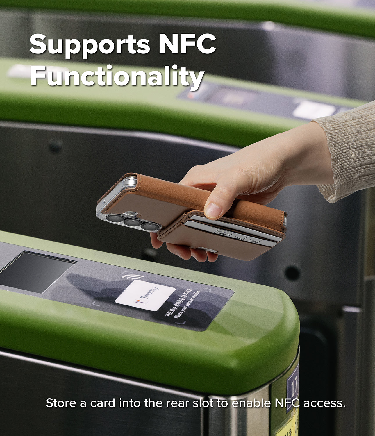 Galaxy S26 Cover | Folio Stand Wallet Magnetic - Galaxy S26 Cover - Hand holding a brown folio wallet phone case over a subway turnstile to demonstrate NFC card access.