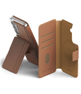 Galaxy S26 Cover | Folio Stand Wallet Magnetic - Galaxy S26 Cover - Brown leather folio wallet case with card slots, magnetic stand, and internal MagSafe ring.