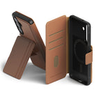 [Combo] Galaxy S26 | Folio Stand Wallet Magnetic + Onyx Magnetic - Brown leather folio wallet case and black magnetic case.