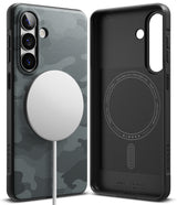 Galaxy S26 Case | Onyx Magnetic - Black camo phone case with magnetic charger attached and interior view showing branding.
