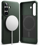 Galaxy S26 Case | Onyx Magnetic - Dark green phone case with magnetic charger attached and interior view showing branding.