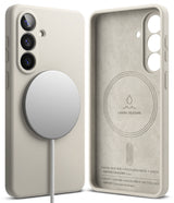 Galaxy S26 Case | Silicone Magnetic - Beige silicone phone case with magnetic charger attached and interior view.