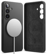 Galaxy S26 Case | Silicone Magnetic - Matte black magnetic phone case shown from front and back with a charging puck.